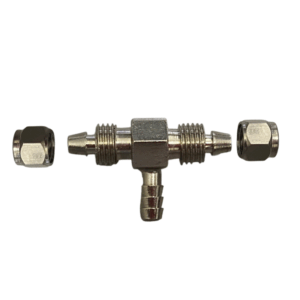C66 – Conexão em T – Ø3,3mm x Ø3,3mm x Ø3,3mm (Rosca com Porca x Espigão x Rosca com Porca)